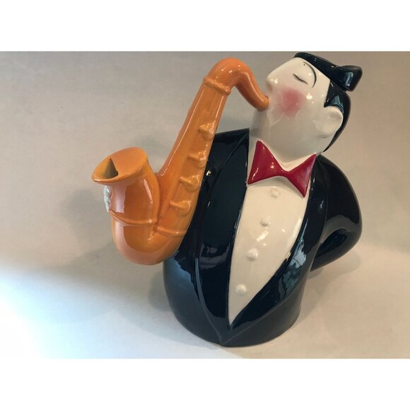 Vintage Clay Art Jazz Series 1990 Saxophone Player Teapot Tuxedo Yellow Sax - Picture 6 of 10